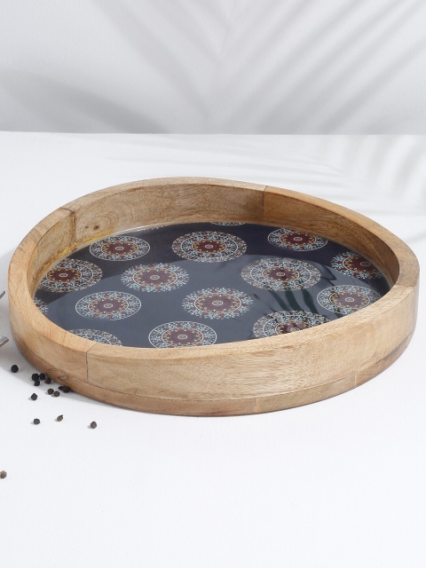 

EK BY EKTA KAPOOR Brown & Blue Printed Wooden Serving Platter