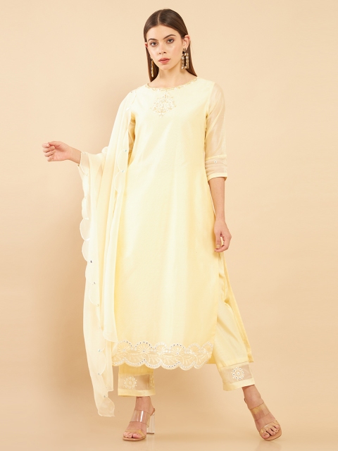 

Soch Women Yellow Embroidered Chanderi Silk Kurta with Trousers & Dupatta