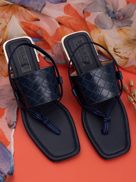 

FOOTONS Women Navy Blue Textured Backstrap Block Sandals