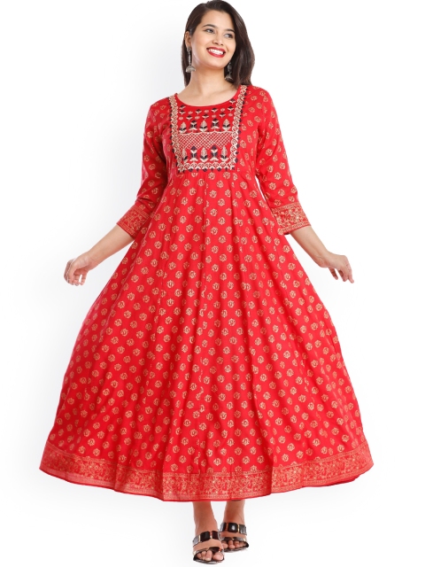 

KALINI Women Red Ethnic Motifs Printed Thread Work Anarkali Kurta