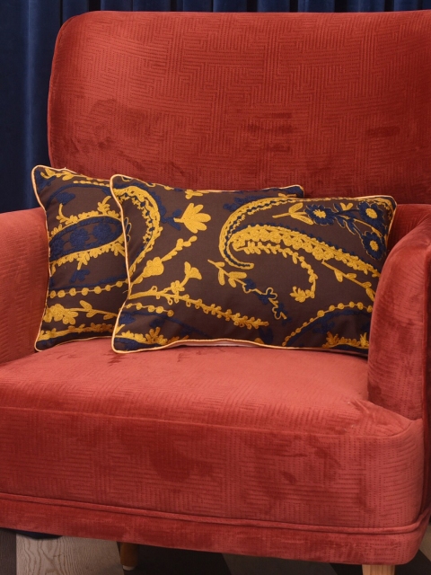 

Dreams Pack Of 2 Yellow & Brown Embroidered Rectangle Cushion Covers