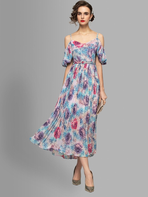 

JC Collection Women Purple Floral Cold-Shoulder Sleeves Midi Dress With Accordion Pleats