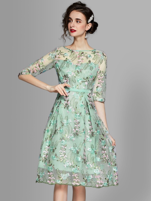 

JC Collection Sea Green Floral Embroidered Dress