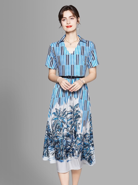

JC Collection Blue & White Tropical Printed Shirt Midi Dress