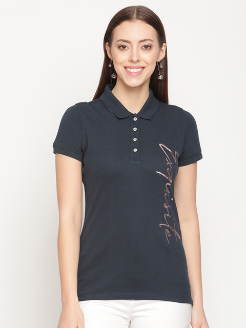 

METTLE Women Blue Polo Collar T-shirt