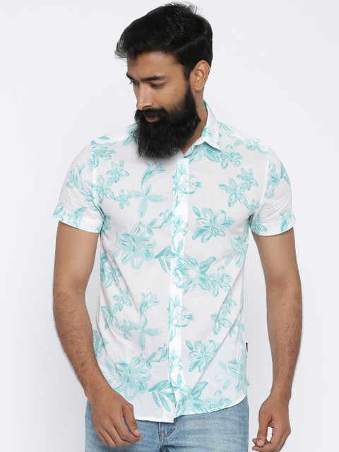 

Jack & Jones Men White & Sea Green Slim Fit Printed Casual Shirt
