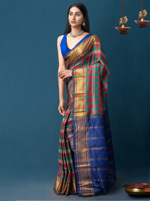 

Unnati Silks Multicoloured Handloom Checked Zari Narayan Peth Poly Silk Saree, Multi