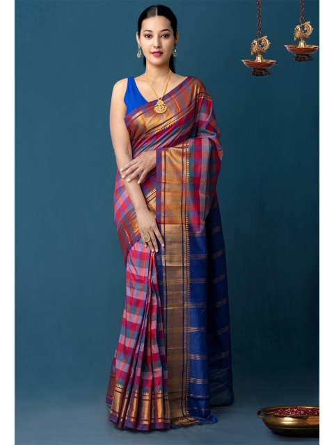 

Unnati Silks Blue Checked Pure Handloom Narayanpet Poly Silk Saree