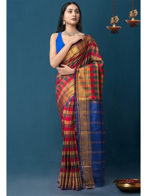 

Unnati Silks Blue & Gold-Toned Woven Design Zari Handloom Narayan Peth Saree