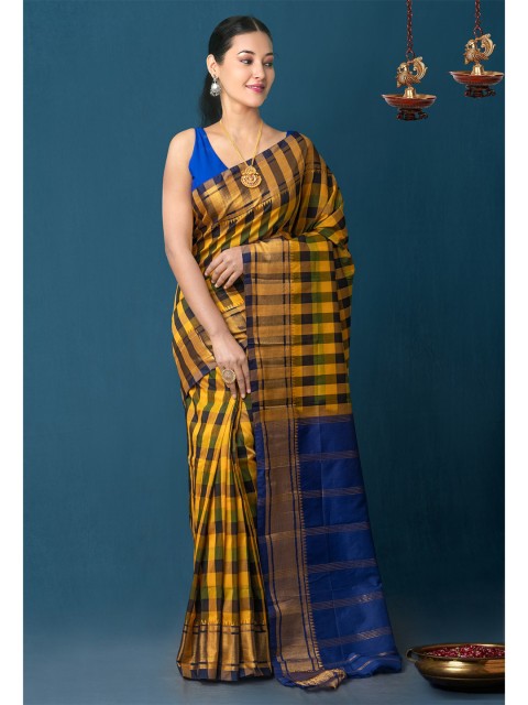 

Unnati Silks Blue & Yellow Checked Pure Handloom Narayanpet Poly Silk Saree