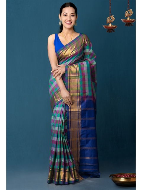 

Unnati Silks Multicoloured Checked Zari Narayan Peth Handloom Poly silk Saree, Multi
