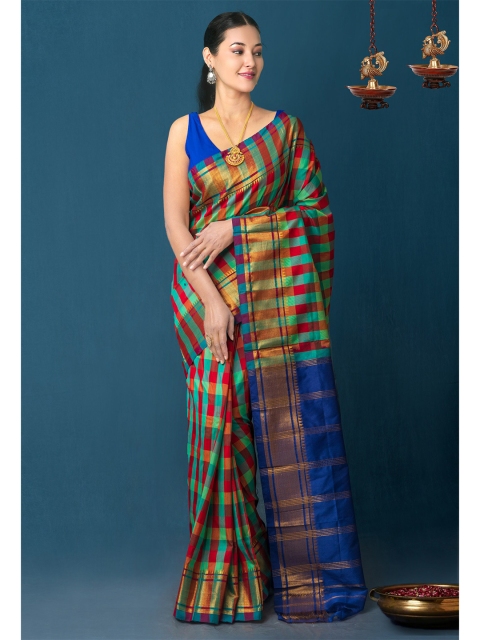 

Unnati Silks Blue & Red Checked Zari Narayan Peth Saree