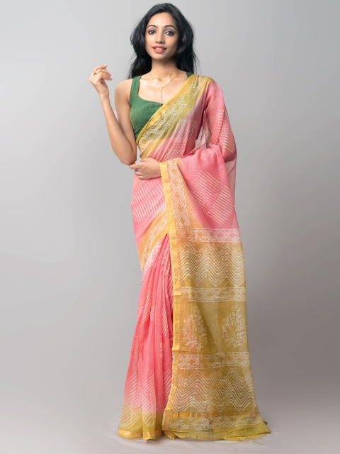 

Unnati Silks Pink & Yellow Batik Zari Pure Cotton Kota Saree