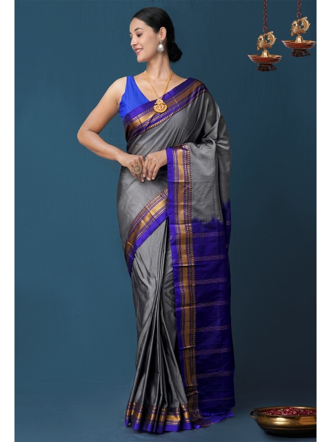 

Unnati Silks Grey & Gold-Toned Zari Narayan Peth Saree