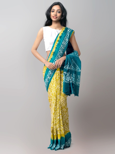 

Unnati Silks Yellow & Blue Batik Zari Pure Cotton Kota Saree