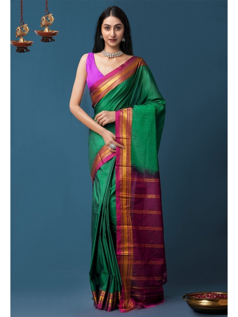 

Unnati Silks Green & Magenta Woven Design Pure Handloom Narayanpet Poly Silk Saree