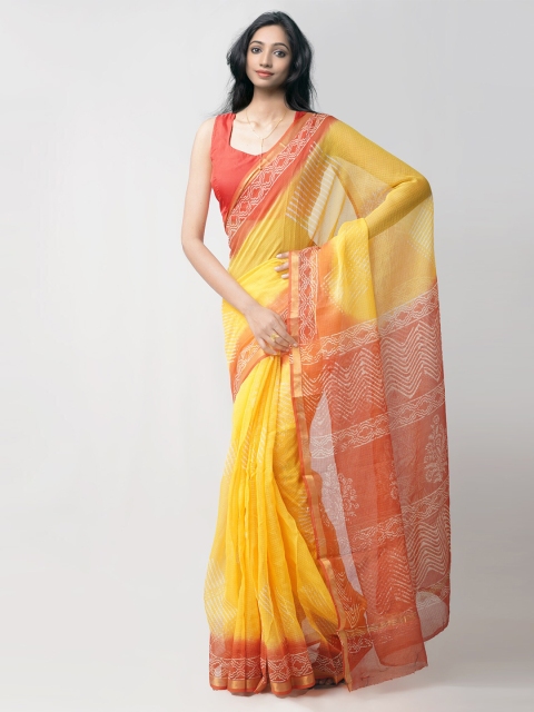

Unnati Silks Yellow & Orange Batik Zari Pure Cotton Kota Saree