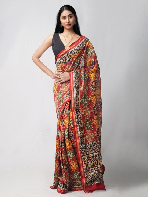 

Unnati Silks Red & Mustard Ethnic Motifs Silk Cotton Chanderi Saree