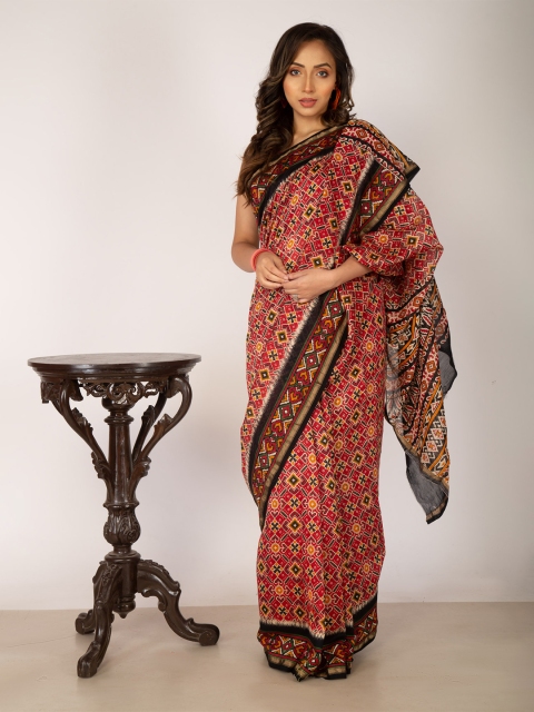 

Unnati Silks Red & Black Zari Silk Cotton Chanderi Saree