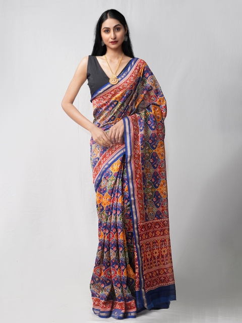 

Unnati Silks Blue & Red Ethnic Motifs Silk Cotton Chanderi Saree