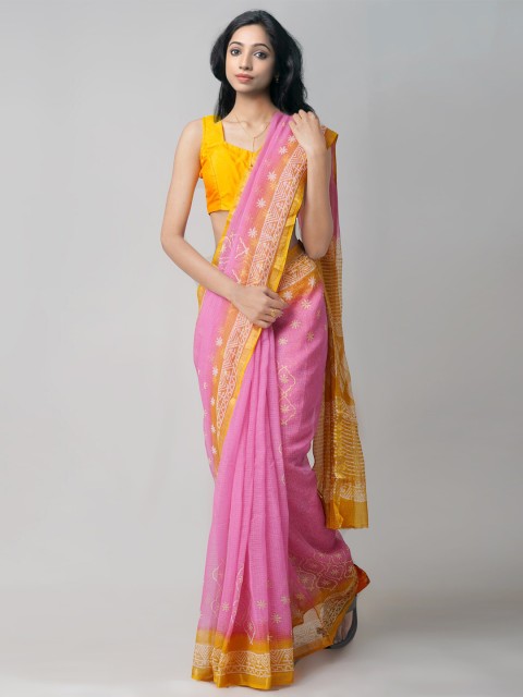 

Unnati Silks Pink & Yellow Ethnic Motifs Pure Cotton Kota Saree