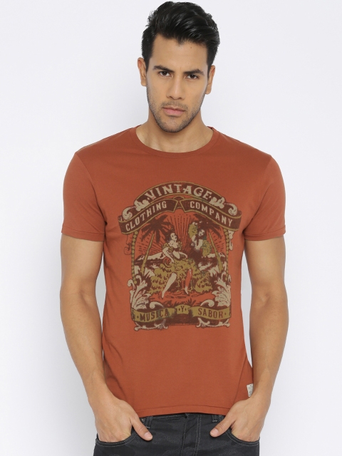 

Jack & Jones Men Rust Orange Printed T-shirt