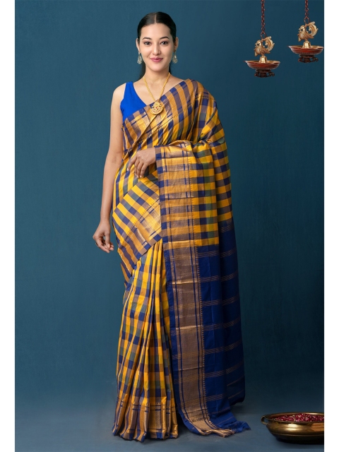 

Unnati Silks Blue & Gold-Toned Checked Zari Handloom Sustainable Narayan Peth Saree