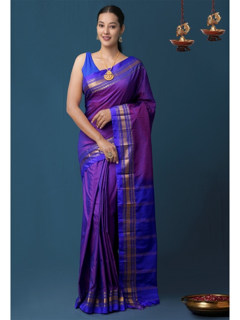 

Unnati Silks Pink & Blue Handloom Woven Design Zari Narayan Peth Poly Silk Saree