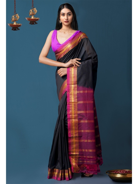 

Unnati Silks Black & Gold-Toned Zari Handloom Sustainble Narayan Peth Saree
