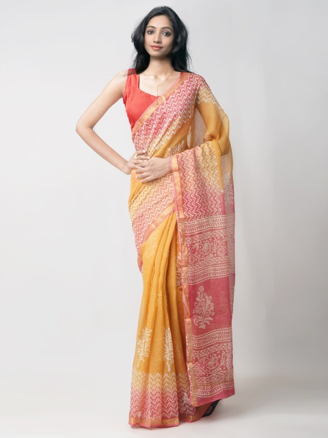 

Unnati Silks Cream-Coloured & Yellow Batik Zari Pure Cotton Kota Saree