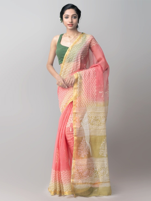 

Unnati Silks Orange Batik Zari Pure Cotton Kota Saree