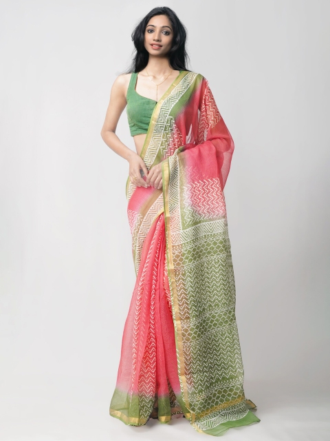 

Unnati Silks Red & Green Batik Zari Pure Cotton Kota Saree