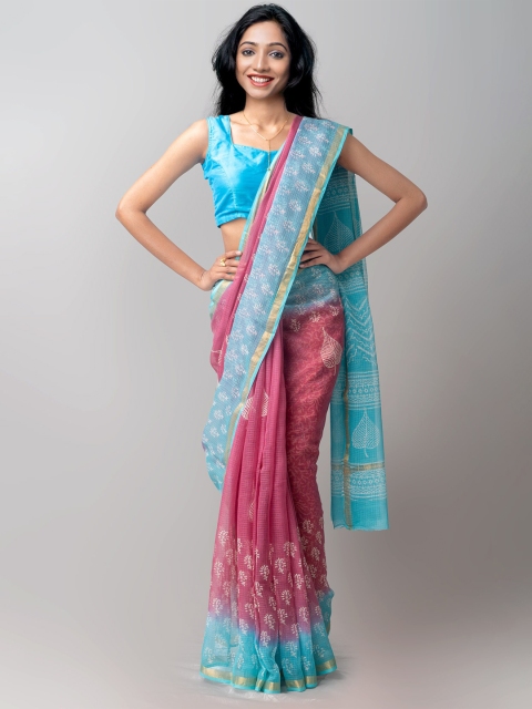 

Unnati Silks Pink & Blue Batik Handloom Sustainable Zari Pure Cotton Kota Saree