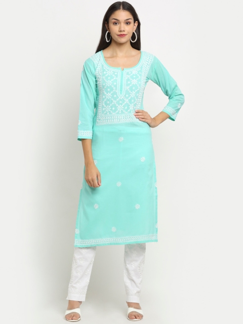 

Saksh Women Turquoise Blue Ethnic Motifs Yoke Design Chikankari Kurta