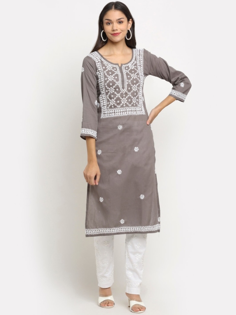 

Saksh Women Grey Floral Embroidered Chikankari Kurta