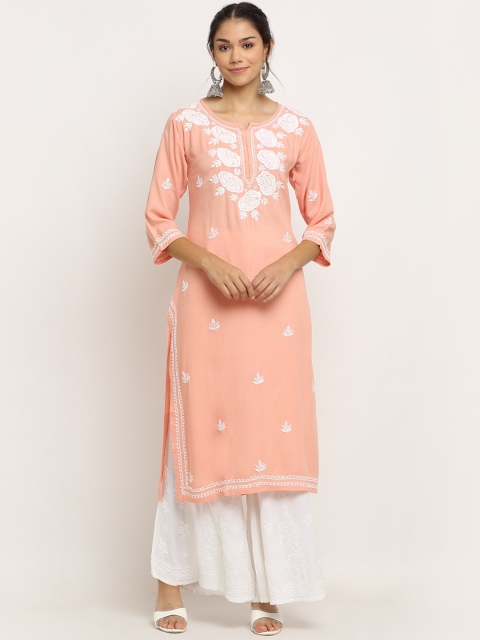 

Saksh Women Peach-Coloured & White Floral Embroidered Thread Work Kurta