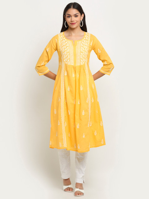 

Saksh Women Yellow & White Ethnic Motifs Chikankari Cotton A-line Kurta