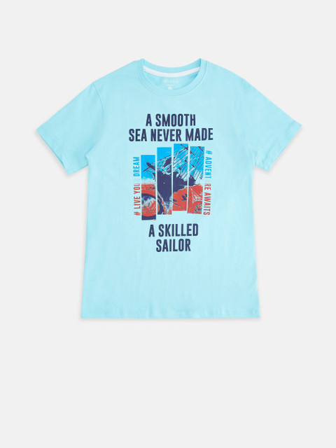 

Pantaloons Junior Boys Turquoise Blue & Red Typography Printed Pure Cotton T-shirt
