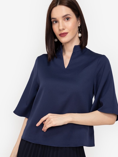 

ZALORA WORK Navy Blue Notch Neck Wide Sleeves Top