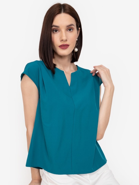 

ZALORA WORK Women Green Solid Notch Neck Cap Sleeve Top