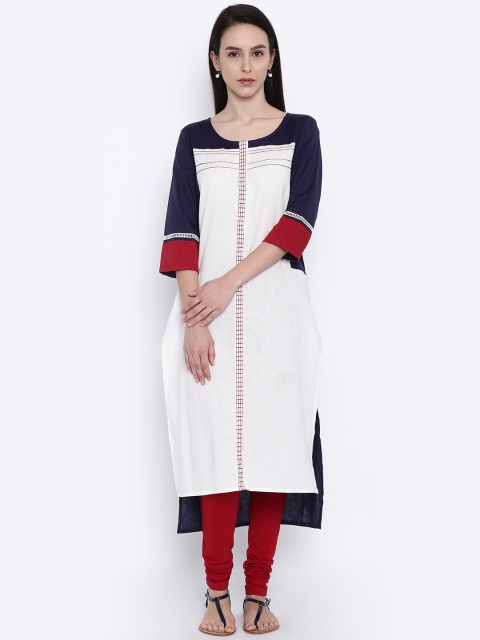

RANGMANCH BY PANTALOONS Women White & Navy Colourblocked Kurta