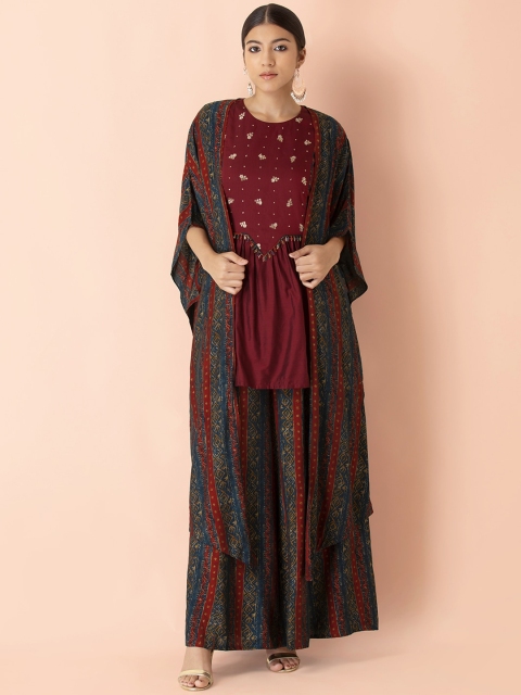

Earthen BY INDYA Women Maroon Floral Embroidered Pleated Kurta with Palazzos