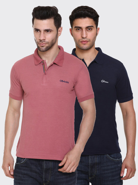 

Obaan Men Pack of 2 Pink & Navy Blue Regular Fit Polo Collar T-shirt