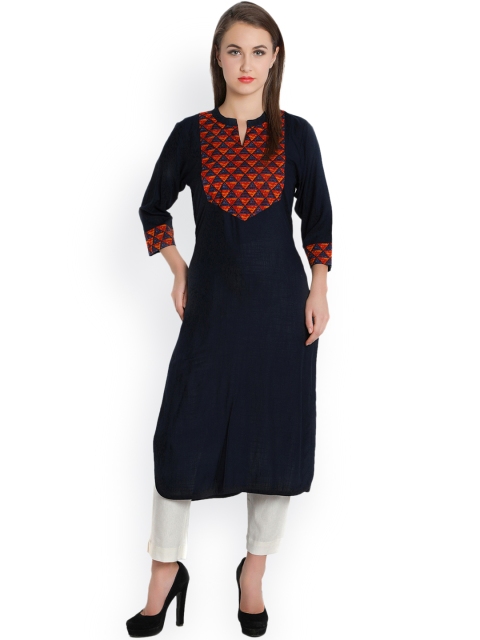 

Indibelle Women Navy Blue Solid Straight Kurta