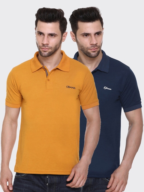 

Obaan Men Pack of 2 Mustard Yellow & Navy Blue Polo Collar T-shirt