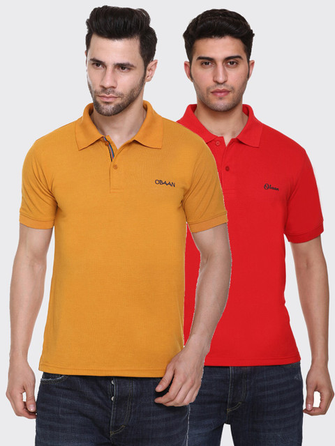 

Obaan Men Mustard Yellow & Red Set Of 2 Polo Collar T-shirt