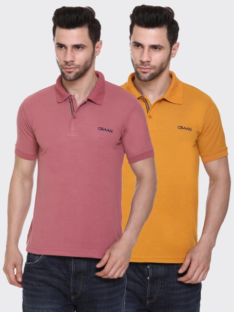 

Obaan Men Pack of 2 Pink & Mustard Yellow Polo Collar T-shirt