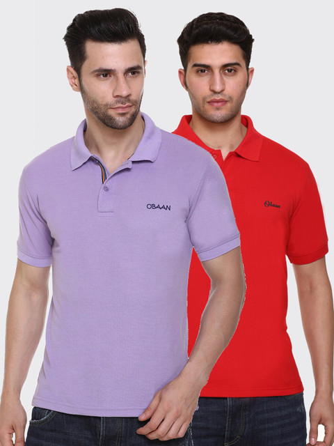 

Obaan Men Pack of 2 Lavender & Red Polo Collar T-shirt