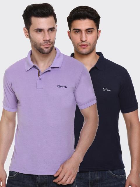 

Obaan Men Pack of 2 Lavender & Navy Blue Polo Collar T-shirt