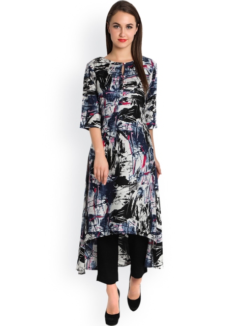 

Indibelle Women Blue & White Printed High-Low Kurta